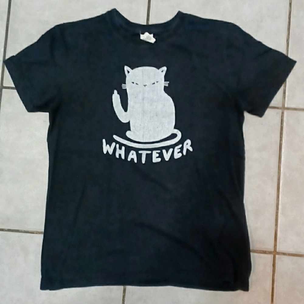WHATEVER Black Graphic Tee with Surly Cat Design - Size Small